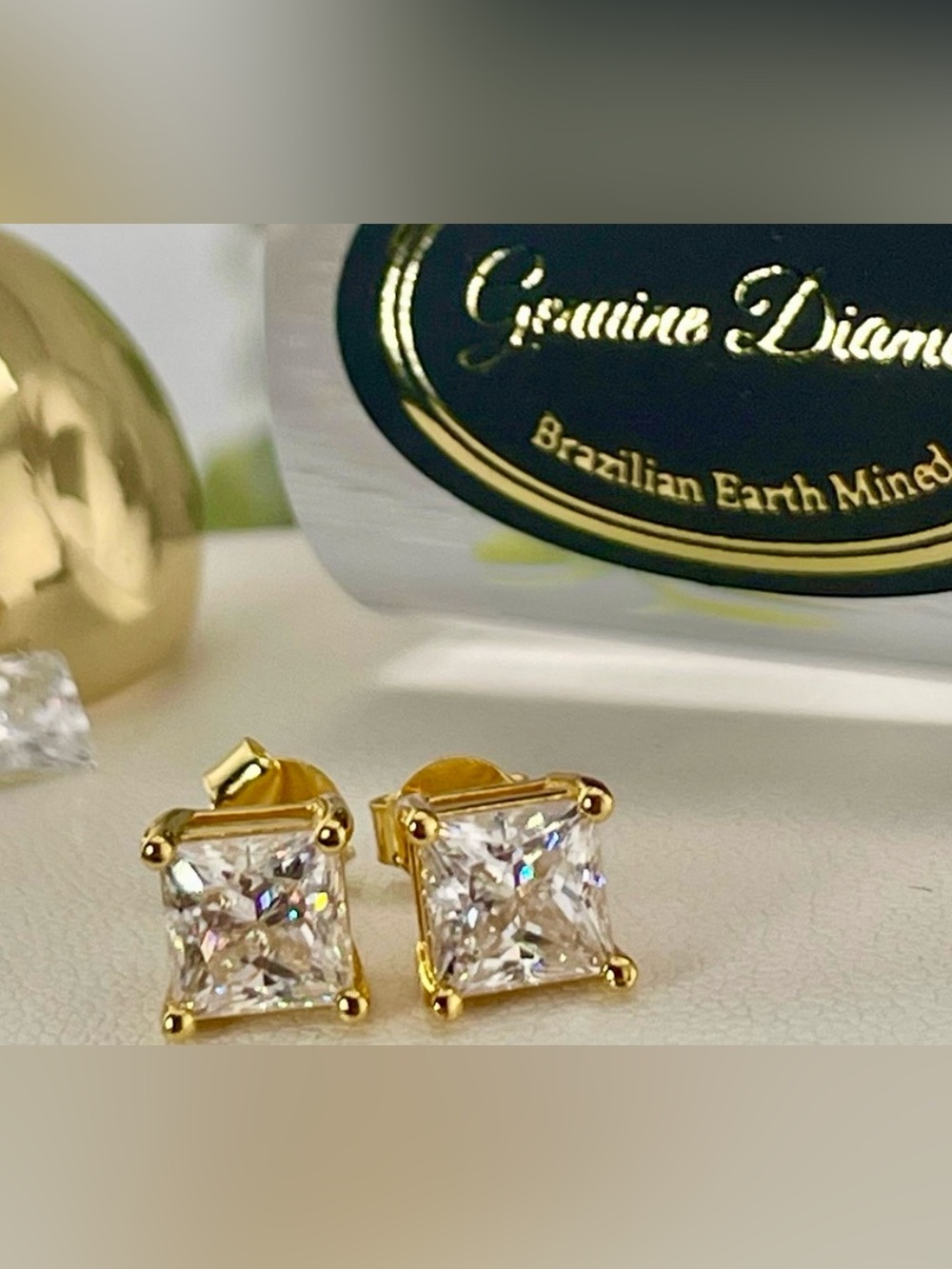 Certified 2ct Diamond studs Princess Cut 18k yellow gold on 925. 1ct Each - Picture 3 of 7